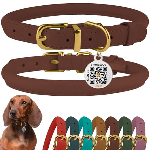 BRONZEDOG Hundehalsband aus gerolltem Leder, weich gepolstert, rund, Seil, Haustierhalsbänder für Hunde, Welpen, Katzen, Kätzchen, klein, mittel, Braun (Halsumfang 20.3 cm – 27.9 cm, Cognacbraun) von BRONZEDOG