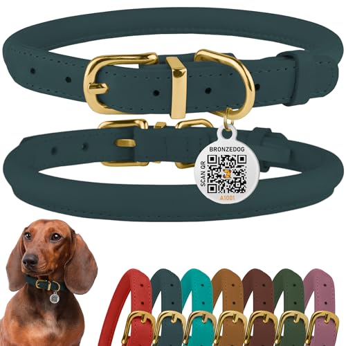 BRONZEDOG Hundehalsband aus gerolltem Leder mit QR-ID-Tag, verstellbar, weiche runde Halsbänder für kleine, mittelgroße und große Hunde, Welpen, Katzen (Denim, 35-41 cm) von BRONZEDOG