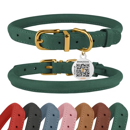 BRONZEDOG Hundehalsband aus gerolltem Leder mit QR-ID-Erkennungsmarke, verstellbar, weich, rund, für kleine, mittelgroße und große Hunde, Welpen, Katzen (40,6 cm - 45,7 cm, Smaragdgrün) von BRONZEDOG
