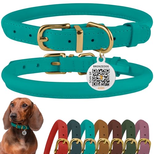 BRONZEDOG Hundehalsband aus gerolltem Leder mit QR-ID-Tag, verstellbar, weiche runde Halsbänder für kleine, mittelgroße und große Hunde, Welpen, Katzen (Türkis, 28-36 cm) von BRONZEDOG