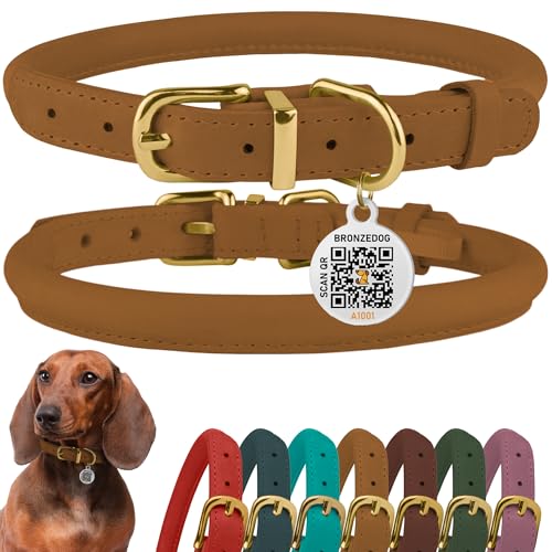BRONZEDOG Hundehalsband aus gerolltem Leder mit QR-ID-Tag, verstellbar, weiche runde Halsbänder für kleine, mittelgroße und große Hunde, Welpen, Katzen (Hellbraun, 18-25 cm) von BRONZEDOG