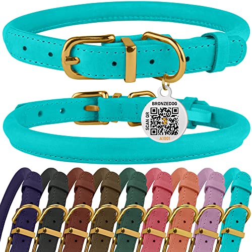 BRONZEDOG Hundehalsband aus gerolltem Leder mit QR-ID-Tag, verstellbar, weiche runde Halsbänder für kleine, mittelgroße und große Hunde, Welpen, Katzen (Türkis, 35-41 cm) von BRONZEDOG