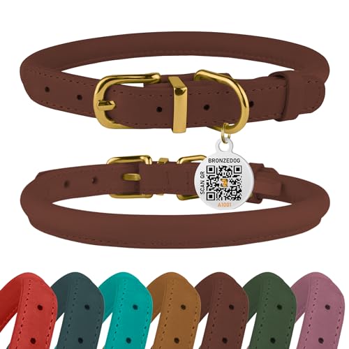 BRONZEDOG Hundehalsband aus gerolltem Leder mit QR-ID-Tag, verstellbar, weiche runde Halsbänder für kleine, mittelgroße und große Hunde, Welpen, Katzen (Cognacbraun, 40-48 cm) von BRONZEDOG