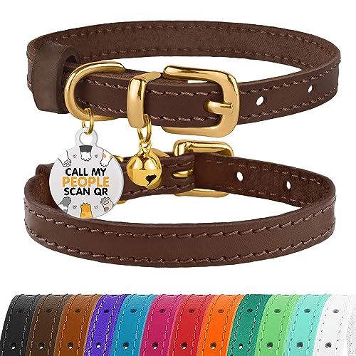BRONZEDOG Katzenhalsband aus Leder mit Glöckchen, Nicht abreißbar, QR-Tag für Mädchen und Jungen (Dunkelbraun und Gold, 23-28 cm) von BRONZEDOG