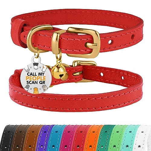 BRONZEDOG Katzenhalsband aus Leder mit Glöckchen, Nicht abreißbar, QR-Tag für Mädchen und Jungen (Rot und Gold, 23-28 cm) von BRONZEDOG