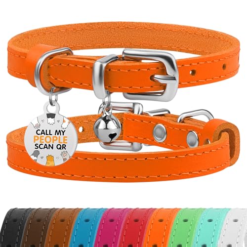 BRONZEDOG Katzenhalsband aus Leder mit Glöckchen, kein Abreißen, QR-Tag für Mädchen und Jungen (17,8 cm – 22,9 cm, für Katzen, Orange und Silber) von BRONZEDOG