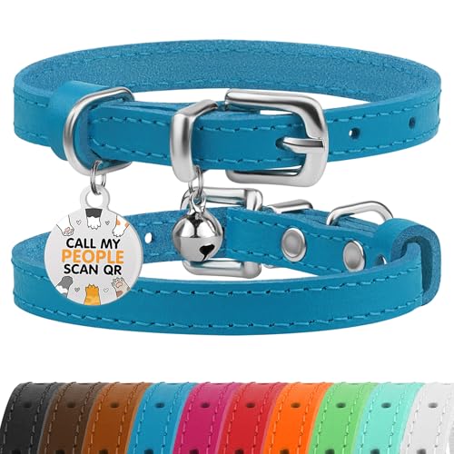 BRONZEDOG Katzenhalsband aus Leder mit Glöckchen, Nicht abreißbar, QR-Tag für Mädchen und Jungen (Blau und Silber, 18-23 cm) von BRONZEDOG