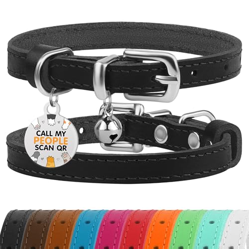 BRONZEDOG Katzenhalsband aus Leder mit Glöckchen, Nicht abreißbar, QR-Tag für Mädchen und Jungen (Schwarz und Silber, 18-23 cm) von BRONZEDOG