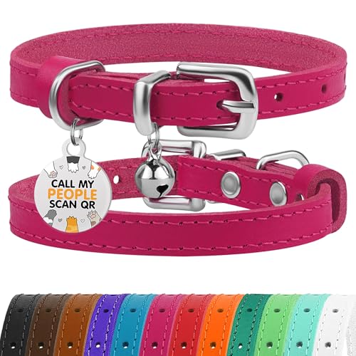 BRONZEDOG Katzenhalsband aus Leder mit Glöckchen, Nicht abreißbar, QR-Tag für Mädchen und Jungen (Rosa und Silber, 18-23 cm) von BRONZEDOG