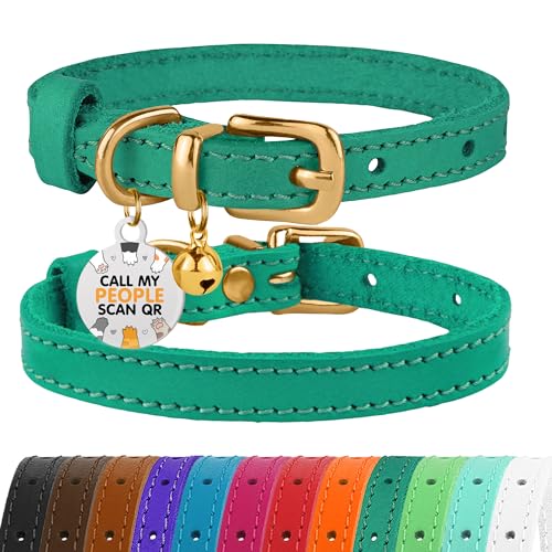 BRONZEDOG Katzenhalsband aus Leder mit Glöckchen, Nicht abreißbar, QR-Tag für Mädchen und Jungen (Türkis und Gold, 18-23 cm) von BRONZEDOG