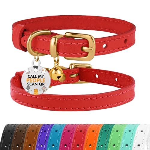 BRONZEDOG Katzenhalsband aus Leder mit Glöckchen, Nicht abreißbar, QR-Tag für Mädchen und Jungen (Rot und Gold, 18-23 cm) von BRONZEDOG