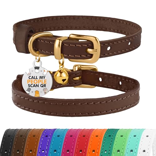 BRONZEDOG Katzenhalsband aus Leder mit Glöckchen, Nicht abreißbar, QR-Tag für Mädchen und Jungen (Dunkelbraun und Gold, 18-23 cm) von BRONZEDOG