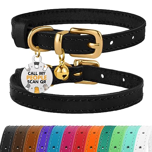 BRONZEDOG Katzenhalsband aus Leder mit Glöckchen, Nicht abreißbar, QR-Tag für Mädchen und Jungen (Schwarz und Gold, 23-28 cm) von BRONZEDOG