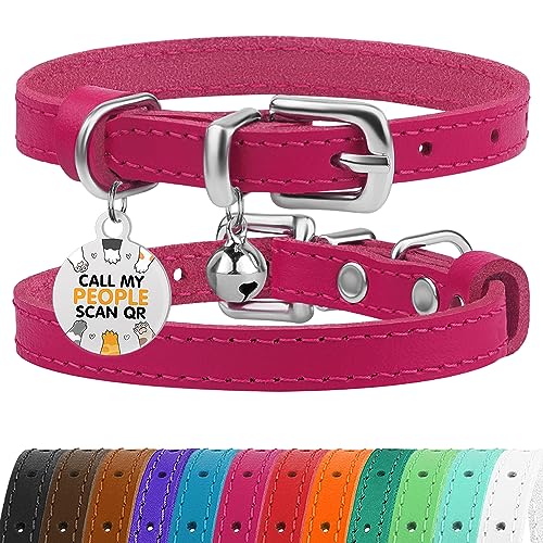 BRONZEDOG Katzenhalsband aus Leder mit Glöckchen, Nicht abreißbar, QR-Tag für Mädchen und Jungen (Rosa und Silber, 23-28 cm) BRONZEDOG Katzenhalsband aus Leder mit Glöckchen, Nicht abreißbar, QR-Tag für Mädchen und Jungen (Rosa und Silber, 23-28 cm) von BRONZEDOG