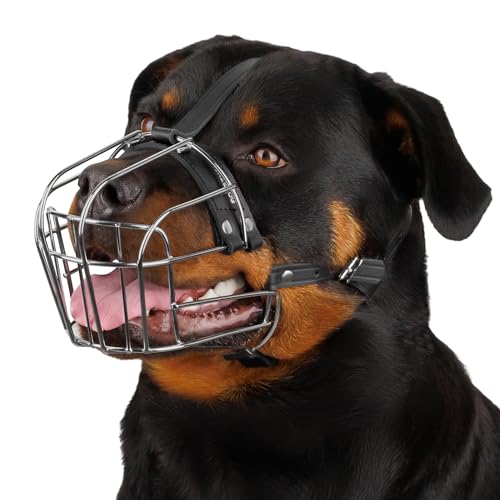 BRONZEDOG Hundemaulkorb Verstellbar Robustes PVC/Metalldrahtkorb für Große und Sehr Große Hunde mit Lederbändern Atmungsaktiv, Trinkfähig, Training, Verhindert Beißen (Rottweiler, Edelstahl) von BRONZEDOG