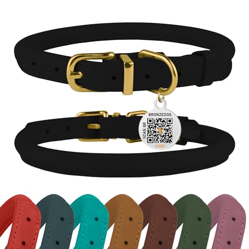 Hundehalsband aus gerolltem Leder, mit QR-ID-Etikett, verstellbar, weich, rund, für kleine, mittelgroße und große Hunde, Welpen, Katze (Schwarze Nacht, 40,5-45,5 cm) von BRONZEDOG