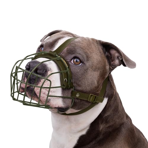 BRONZEDOG Pitbull Maulkorb für Hunde, atmungsaktiv, Metallkorb für große Hunde, Amstaff Staffordshire Terrier, Beißen, Kauen, Bellen (Nylon, Militärgrün) von BRONZEDOG