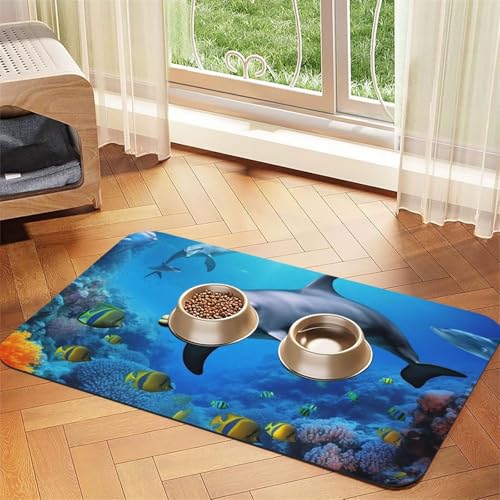 Hundefuttermatte mit Delphin im Korallenriff, saugfähige Futtermatte für Futter- und Wassernäpfe, rutschfeste Platzierunterlage für Böden, wasserdicht, schnell trocknend, Wasserspendermatte für Hunde Hundefuttermatte mit Delphin im Korallenriff, saugfähige Futtermatte für Futter- und Wassernäpfe, rutschfeste Platzierunterlage für Böden, wasserdicht, schnell trocknend, Wasserspendermatte für Hunde von BSCKKDMN