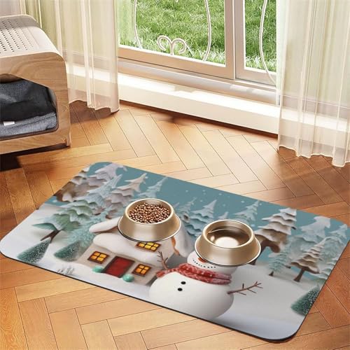 Hundefuttermatte mit Schneemann und Dorf, saugfähige Futtermatte für Futter- und Wassernäpfe, rutschfeste Platzierunterlage für Böden, wasserdicht, schnell trocknend, Wasserspendermatte für Hunde von BSCKKDMN