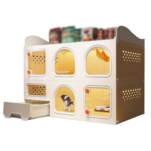 2-stöckiger Katzenkäfig mit Stauraum, Katzengehege for den Innenbereich mit Katzentoilette, DIY-Katzenzwinger for 1–3 Katzen, großer Auslaufplatz for Haustiere(Yellow) von BSDIAOSU