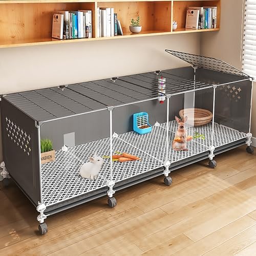 Kaninchenkäfig for den Innenbereich – Transparenter Zierstall mit viel Platz, Tablett und Universalrädern for einfache Mobilität – Ideal for Hauskaninchen(Black) von BSDIAOSU