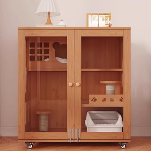 Katzenkäfig Holz, Katzenkiste, Geschlossener Katzenlaufstall, Catio Indoor Katzengehege, Katzenhaus mit Rädern und Katzenkratzbaum for Chinchilla, Kleintiere(Brown,90x60x90cm) von BSDIAOSU