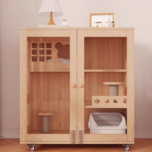 Katzenkäfig Holz, Katzenkiste, Geschlossener Katzenlaufstall, Catio Indoor Katzengehege, Katzenhaus mit Rädern und Katzenkratzbaum for Chinchilla, Kleintiere(Natural,90x60x90cm) von BSDIAOSU