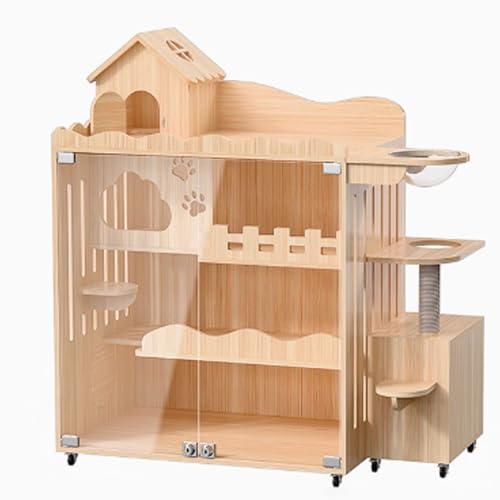 Katzenkäfig Holz, Katzenlaufstall mit Deckel, Geschlossener Katzenlaufstall, Katzengehege Indoor mit Universalrädern und Kratzbaum for Kleintiere(120x60x120cm) von BSDIAOSU