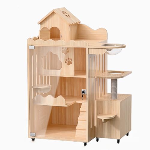 Katzenkäfig Holz, Katzenlaufstall mit Deckel, Geschlossener Katzenlaufstall, Katzengehege Indoor mit Universalrädern und Kratzbaum for Kleintiere(90x60x120cm) von BSDIAOSU