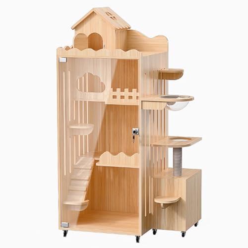 Katzenkäfig Holz, Katzenlaufstall mit Deckel, Geschlossener Katzenlaufstall, Katzengehege Indoor mit Universalrädern und Kratzbaum for Kleintiere(90x60x150cm) von BSDIAOSU