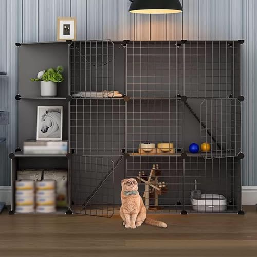 Katzenkäfige Indoor Groß, Katzenkäfigträger, Katzengehege mit Seitenablage, Haustierlaufstall, Katzenlaufstall for Kleintiere, mit Katzennest + Katzenhängematte(Black,147x39x109cm) von BSDIAOSU