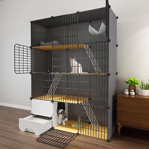 Schwarzer Katzenkäfig, Catio-Katzengehege for den Innenbereich, geschlossener Katzenlaufstall, Katzenkiste mit geschlossener Katzentoilette for Frettchen, Chinchilla, Kaninchen, Kleintiere(111x39x146c von BSDIAOSU