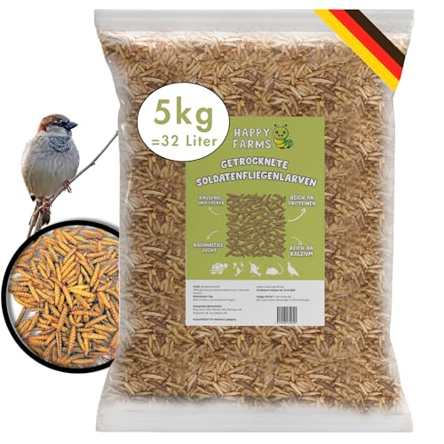 HappyFarms Getrocknete Soldatenfliegenlarven – Mehr Kalzium als Mehlwürmer! 5kg Insektenfutter für Wildvögel, Fische & Igel von BSF Cycle