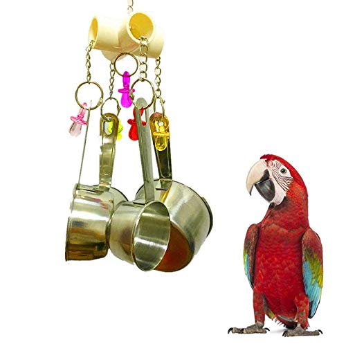 Edelstahl-Vogelglockenspielzeug, 4 Töpfe, Papageienspielzeug mit bunter Dekoration – Metall-Vogelkäfig-Spielzeug für Kakadus, Papageien, Ringhals und andere Vögel, 34 x 20 cm von BSGP