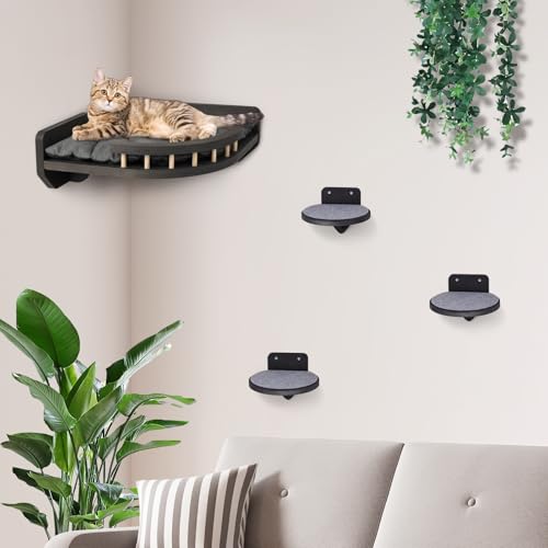 BSWAY Kletterwand Katzen mit Katzenbett und 3X Katzentreppe Wand [Birkenholz] I Kratzbaum Wand I Hängematte Katze I Katzenwand I Wandkratzbaum I Katzen Kletterwand | Katzenmöbel (4-teilig) von BSWAY