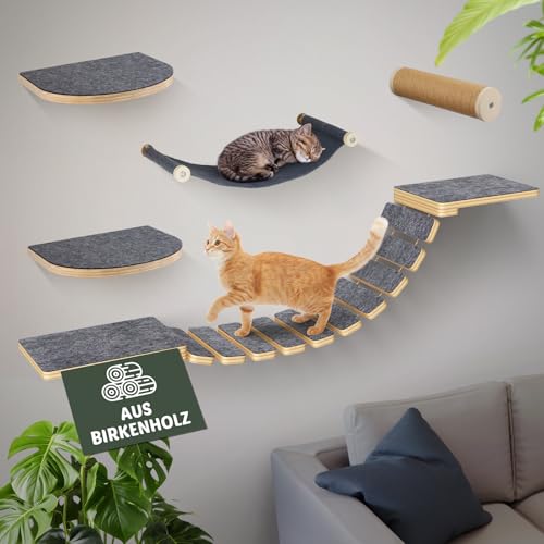 Modulares Katzen Kletterwand Set - aus Birkenholz | 5-in-1 Katzen Wandelemente mit Katzenbett & Laufsteg | Max. 35kg Belastbar, Einfache DIY-Montage von BSWAY