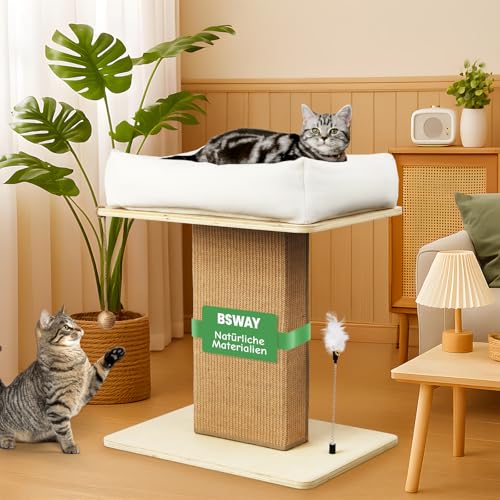 Premium Kratzbaum mit Katzenbett - EXTRA-Breite Kratzsäule aus Birkenholz | 25kg Belastbar & Dickes Sisal & Bio-Leinenkissen | Einfache Montage Katzenmöbel von BSWAY