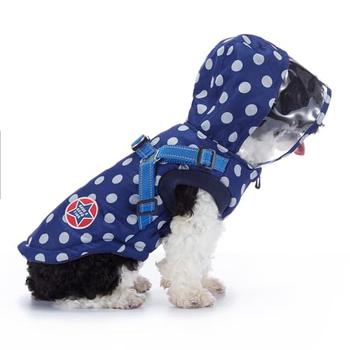 BT Bear Hunde-Wintermantel, warme Hundejacke, reflektierend, mit Geschirr, Weste für kaltes Wetter, winddicht, Outdoor-Kleidung für Welpen, kleine Hunde (Größe M, blaue Punkte) von BT Bear