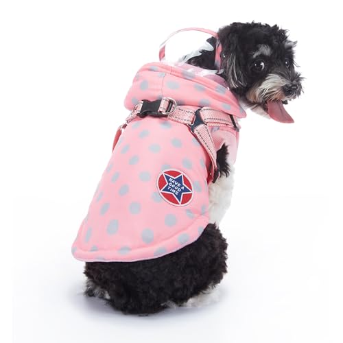 BT Bear Hunde-Wintermantel, warme Hundejacke, reflektierend, mit Geschirr, Weste für kaltes Wetter, winddicht, Outdoor-Kleidung für Welpen, kleine und mittelgroße Hunde (Größe L, rosa Punkte) von BT Bear