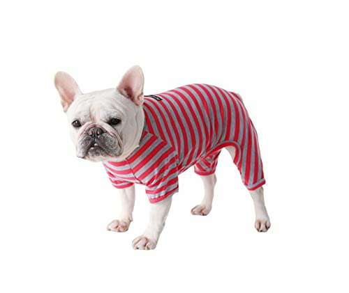 BT Bear Hundekleidung, klassischer gestreifter Pyjama, weicher Baumwoll-Overall, Bulldogge, Einteiler für Welpen, kleine Hunde (Größe S, Rot / Grau) von BT Bear
