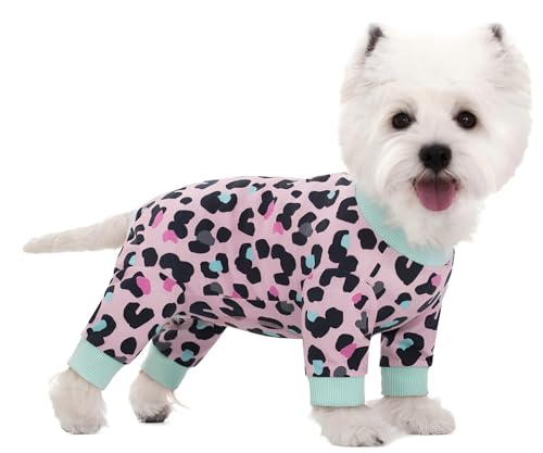 BT Bear Schlafanzug für kleine Hunde, weiche Baumwolle, niedlicher Schlafanzug, vier Beine, Bekleidung für Katzen, Welpen, kleine Hunde, rosa Leopardenmuster, Größe L von BT Bear