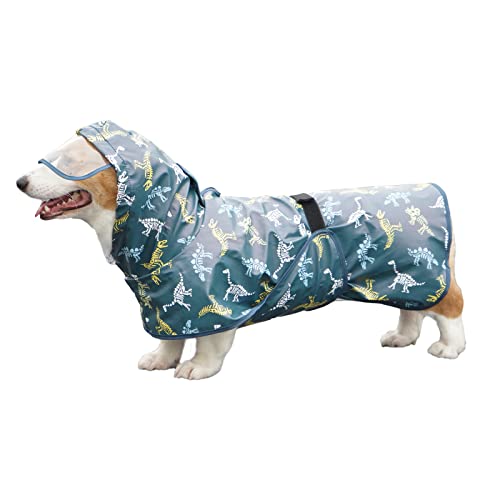 Hunderegenmantel mit Kapuze und Kragenloch, wasserdichter Hunderegenponcho, reflektierende Hunderegenjacke, winddichte Kapuzenpullover, Hundebauchabdeckung für kleine Hunde (blauer Dinosaurier, XL) von BT Bear