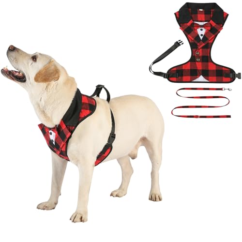 Smokinggeschirr mit Leine, verstellbar, formelle Weste, Geschirr, Frack für Welpen, kleine Hunde, mittelgroße Hunde, rotes Gitter, Größe L Smokinggeschirr mit Leine, verstellbar, formelle Weste, Geschirr, Frack für Welpen, kleine Hunde, mittelgroße Hunde, rotes Gitter, Größe L von BT Bear