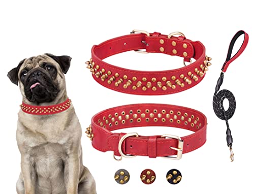 BTDCFY Hundehalsband aus Kunstleder, mit Nieten, verstellbar, 3 Reihen Nieten, für kleine, mittelgroße und große Hunde (Größe L: Halsumfang: 37,6 cm - 47,5 cm), Rot (Set mit Halsband und Leine) von BTDCFY