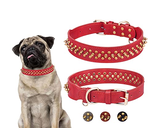 BTDCFY Hundehalsband aus Kunstleder, mit Nieten, verstellbar, 3-reihig, Nieten, Spikes, Hundehalsband für kleine, mittelgroße und große Hunde (L (Hals: 37,6 cm-47,5 cm), Rot) von BTDCFY