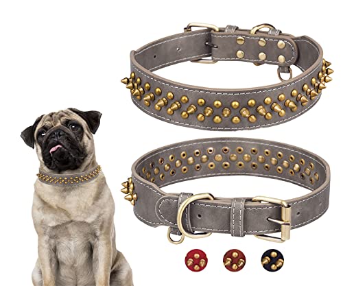 BTDCFY Hundehalsband aus Kunstleder, mit Nieten, verstellbar, 3-reihig, Nieten, Spikes, Hundehalsband für kleine, mittelgroße und große Hunde (S (Hals: 26,9 cm - 33 cm), Grau) von BTDCFY