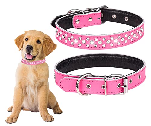 BTDCFY Hundehalsband mit Strasssteinen, verstellbar, glitzernd, echtes Leder, für kleine und mittelgroße Hunde, 2,5 cm breit (L (Halsumfang 36,8–45,7 cm), Rosarot) von BTDCFY