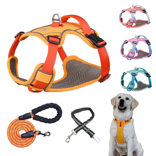 BTDCFY No Pull Hundegeschirr, reflektierend, mit leicht zu kontrollierendem Griff, verstellbar, Oxford-Hundegeschirr mit Leine und Auto-Sicherheitsgurt, Größe M (Hals: 47 cm - 69,7 cm, Brust: 68,6 - von BTDCFY