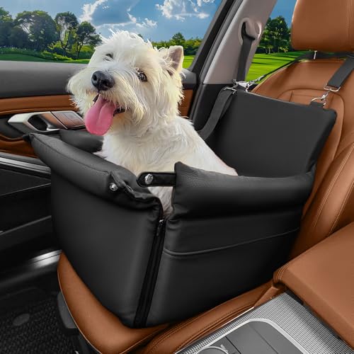 BTOG Hundeautositz, Hundeerhöhung, Autositz, Leder-Außenseite mit widerstandsfähigem Schaumstofffutter, Autositz für Hunde mit Aufbewahrungstaschen, Clip-On-Leine, geeignet für Haustiere bis zu 13,6 von BTOG