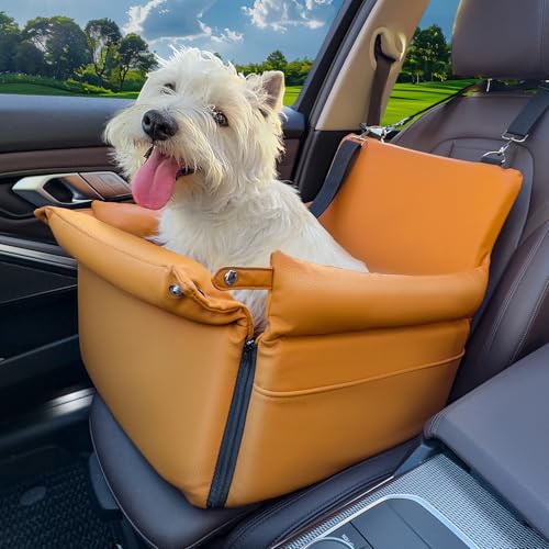 BTOG Hundeautositz, Hundeerhöhung, Autositz aus Leder, außen gefüttert mit widerstandsfähigem Schaumstoff, Autositz für Hunde mit Aufbewahrungstaschen und Clip-On-Leine, kleiner Hunde-Autositz für von BTOG